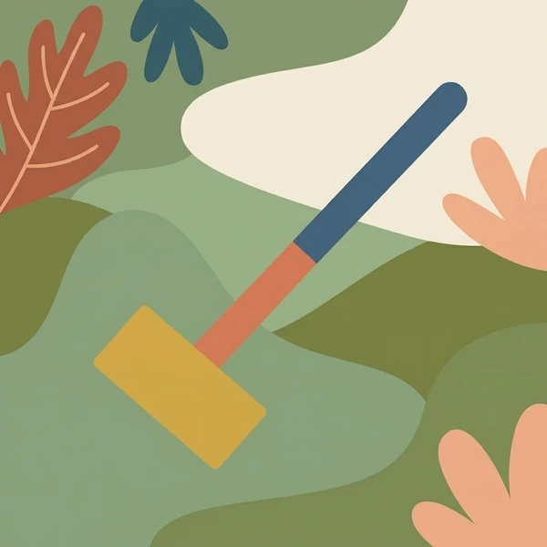 Brown croquet mallet and ball on a manicured green lawn with flowering plants, trees, and a tan house in the background