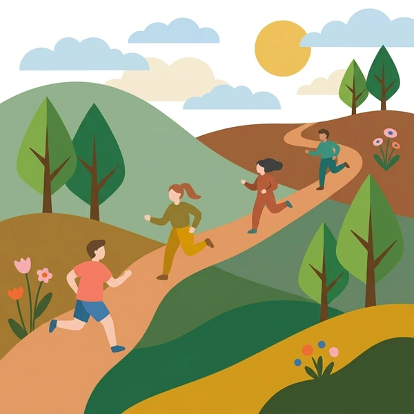 Four runners racing across rolling green hills with pink and yellow wildflowers, trees, and a dirt path under a blue sky