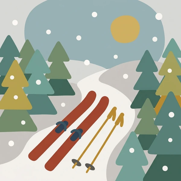 Cross-country skier on a snowy trail with dark red skis gliding through a dense forest of dark green and teal pine trees