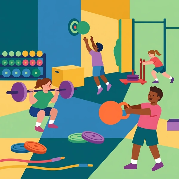 Four athletes doing CrossFit exercises in a teal and lime green gym with purple weight plates, barbells, and orange padding