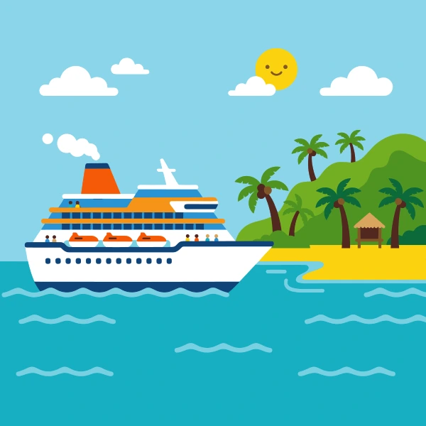 Large white cruise ship with orange funnel and blue striped decks sailing past a tropical island with palm trees, sandy beach, grass hut, and a smiling sun.