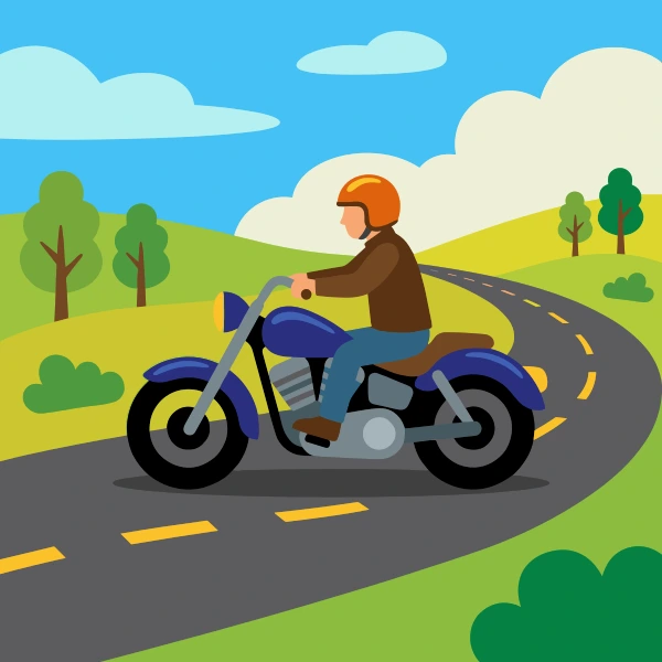 Cruiser motorcycle on open road with black and mustard yellow body tones, navy blue accents, and turquoise background.