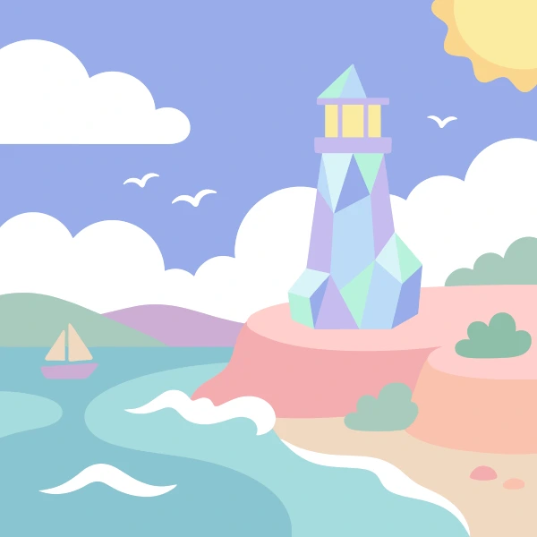 Crystal lighthouse on a pastel coastal cliff with sailboat on the water and birds in the sky