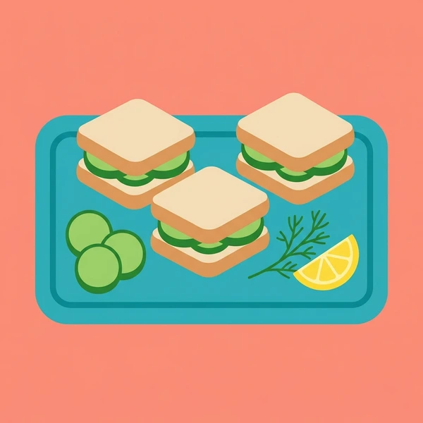Cucumber On Sandwich Tray displayed as a fresh food scene showing cucumber slices, cream cheese spread, sandwich tray, and fresh herb garnish