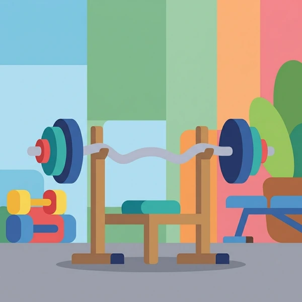 Teal curl bar and multicolored red, blue, green, and yellow dumbbells on brown wooden racks in a tan-walled fitness room