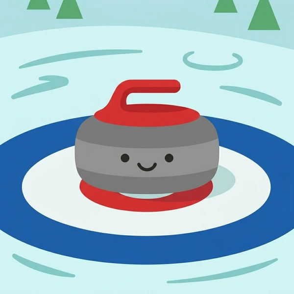 Gray and red curling stone on a blue and white ice sheet with concentric target circles and a light blue background