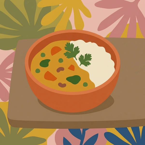 Curry With Rice displayed as a fresh food scene showing curry sauce, rice mound, naan or bread, and boho serving bowl