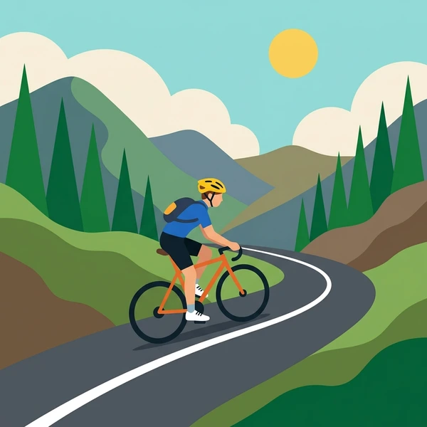 Blue-uniformed cyclist with a helmet riding a winding road through green and teal evergreen mountains under a yellow sun