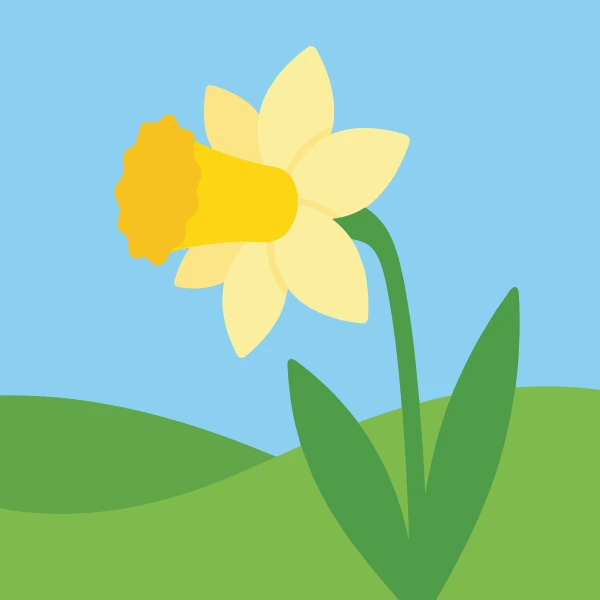 Single yellow daffodil with an orange trumpet center on a green stem against rolling green hills and a pale blue sky
