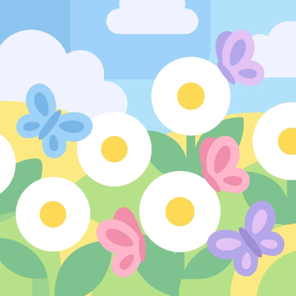 White daisies with yellow centers in a bright meadow with blue pink and purple butterflies flying among the blooms