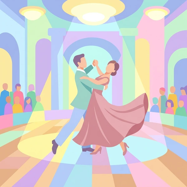 Two ballroom dancers in light blue and pink costumes performing under multicolored stage lights in a decorated ballroom with spectators