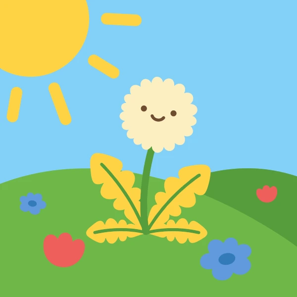 Cute smiling cartoon dandelion seed head on a green lawn with a large yellow sun and small red and blue flowers around it