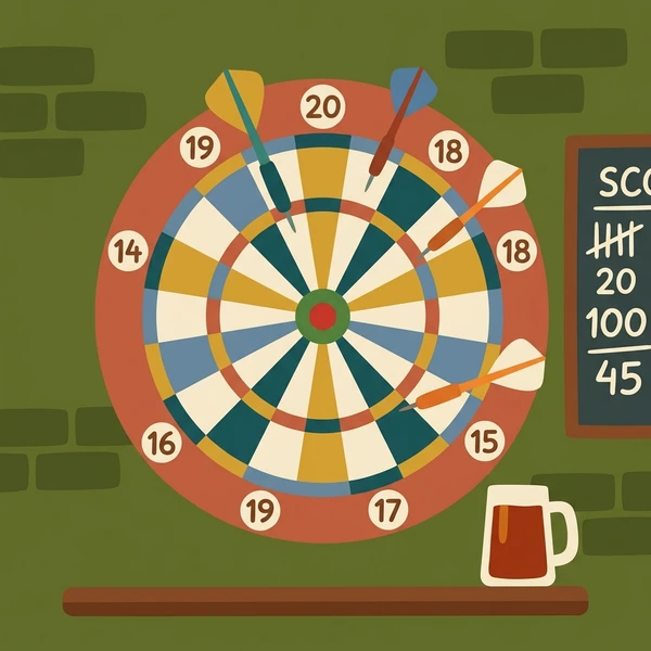 Dartboard with darts embedded on an orange brick wall with a wooden scoreboard and a tan beer mug in a pub setting