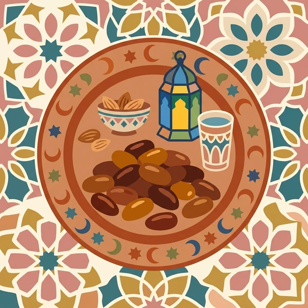 Dates On Ramadan Tray displayed as a fresh food scene showing Medjool dates, decorative tray presentation, and Ramadan iftar table context
