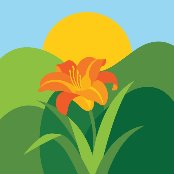 Vivid orange daylily with curling petals and long stamens against green rounded hills and a large golden sun