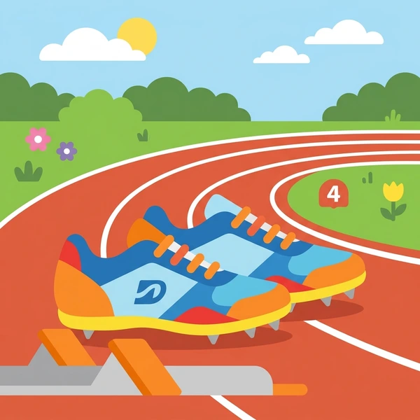 Blue and orange athletic spikes on a red running track with yellow distance markers and green infield grass under a blue sky