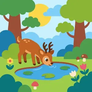 Deer Drinking from Forest Pond