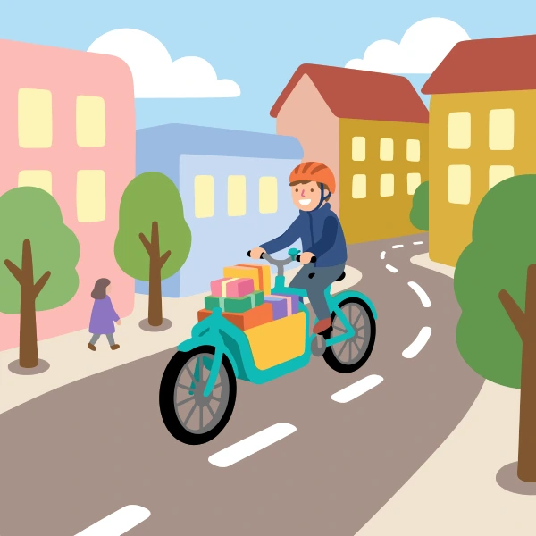 Powder blue, sand beige, and grass green delivery bicycle surrounded by white snow, blue shadows, pine trees, and cold mountains.