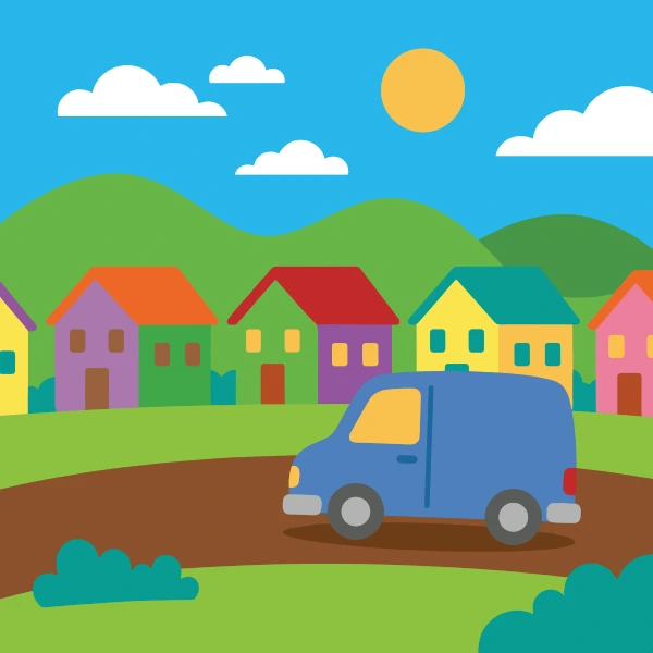 Leaf green, gray, and deep blue delivery van in front of colorful buildings, storefronts, signs, and clean pavement.