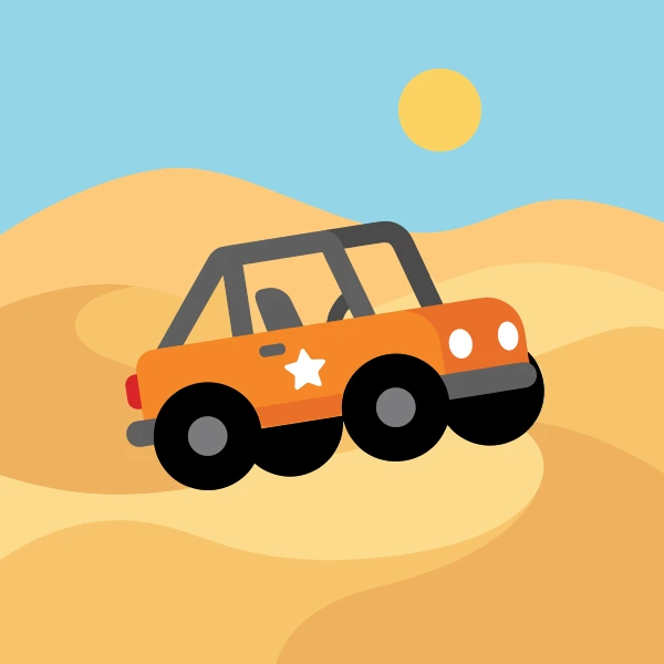 Orange, black, and olive green desert patrol buggy crossing sandy ground with dunes, warm hills, cacti, or a bright sun.