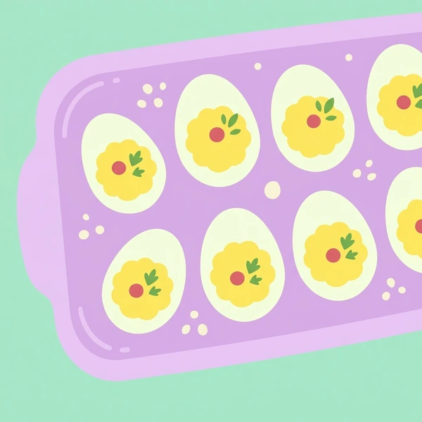 Deviled Eggs On Tray displayed as a fresh food scene showing deviled egg halves, piped yolk filling, paprika garnish, and serving tray arrangement