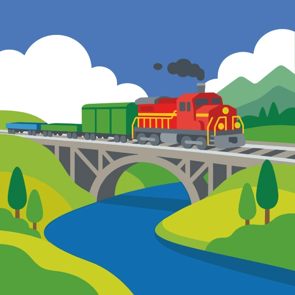 Forest green, gray, and grass green diesel locomotive among trees, hills, or mountains with a winding path or river nearby.