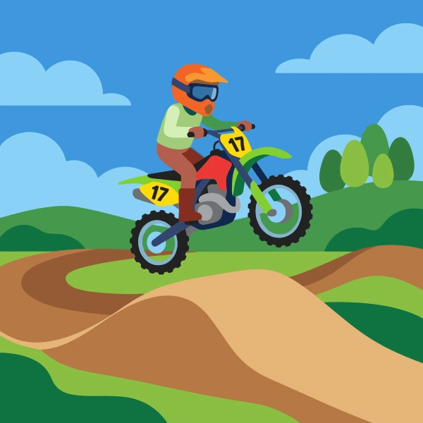Dirt bike in grass green, forest green, and black on motocross track, with deep blue sky and brown ground.