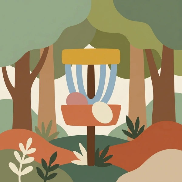 Standard disc golf basket in a forest with dark green tree canopy, brown forest floor, and a tan disc nearby