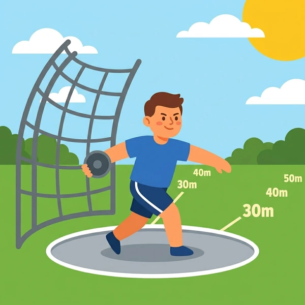 Athlete in throwing position releasing a gray discus over a green grass field with tan earth and blue sky with yellow sun