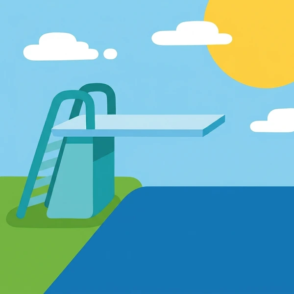 Teal diving board extending over a bright blue pool with green grass surroundings and white aquatic facility structures