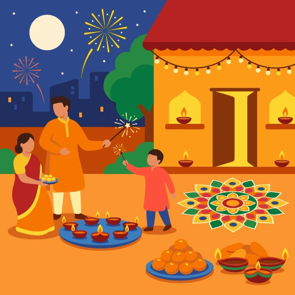 Indian family with sparklers outside decorated home with diyas, rangoli pattern, fireworks, and sweets on festival night