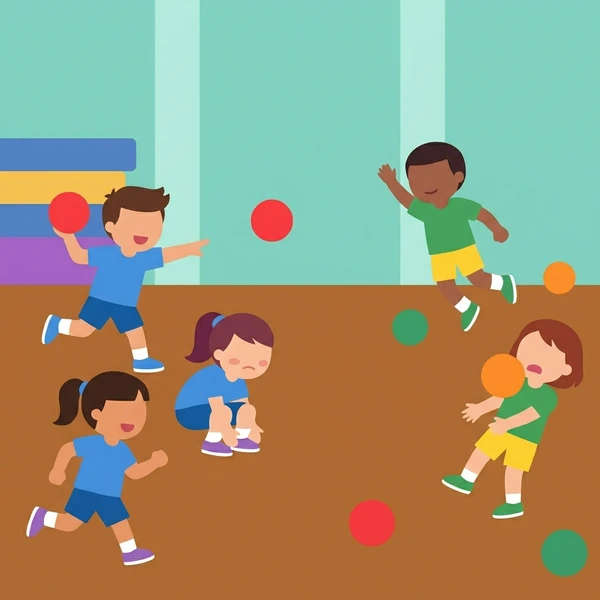 Five students playing dodgeball in a gymnasium with red, orange, green, and blue balls and colorful gym mats and equipment