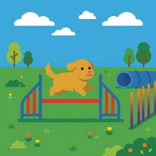 Yellow dog mid-jump over a colorful agility obstacle on a manicured green field with white flowers, trees, and agility tunnel