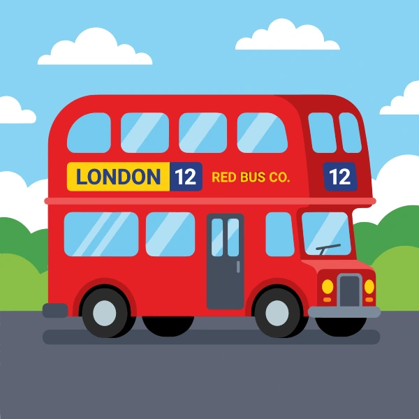 All-red London double-decker bus with a yellow LONDON 12 route banner and blue number boxes on a grey road with green bushes and blue sky.