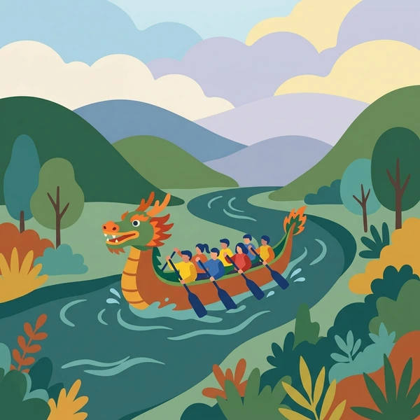 Team of rowers in a teal dragon boat on a blue-gray misty river surrounded by layered green and blue mountains and orange autumn foliage