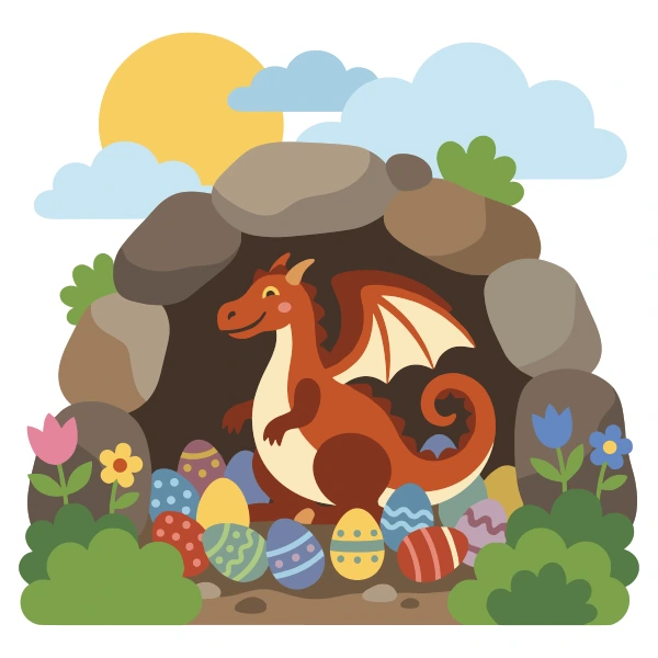 Orange dragon in a cave surrounded by colorfully decorated eggs with flowers at the entrance