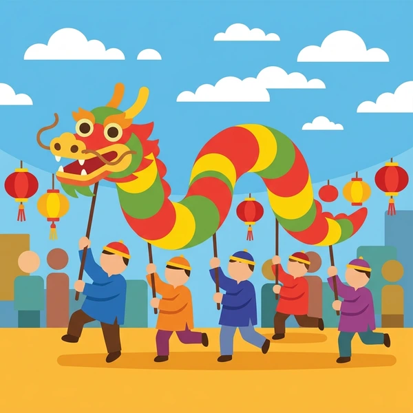Five performers holding a red, yellow, and green dragon puppet in a street parade with red lanterns, blue clothing, and spectators
