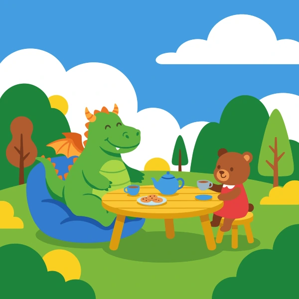 Dragon and Bear Tea Party free printable jigsaw puzzle & coloring page