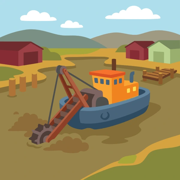 Mustard yellow, earth brown, and navy blue dredger on blue harbor water with docks, boats, cranes, or shoreline buildings.