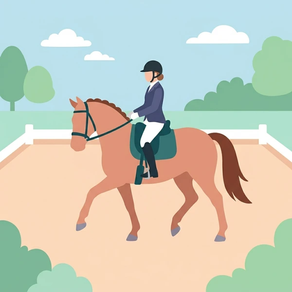 Rider in formal equestrian attire on a brown dressage horse in a tan sand arena with white fence rails and green trees