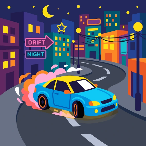 Deep blue, black, and turquoise drift car set against layered sunrise or sunset bands with a low sun and dark silhouettes.