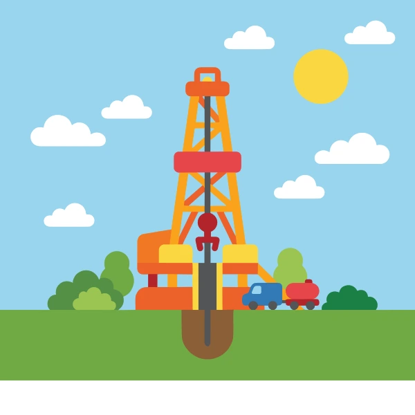 Drilling rig in open plain, colored orange, red, and sun yellow, with sky blue above and leaf green below.
