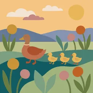 Duck Family Walking Through Meadow