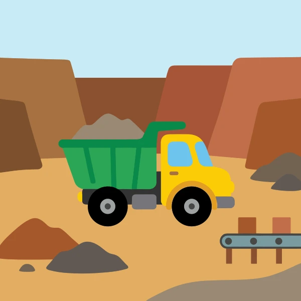 Green dump truck with yellow cab and blue windows carrying a full load of grey rocks in an open quarry with orange and brown rock walls and a small conveyor belt.
