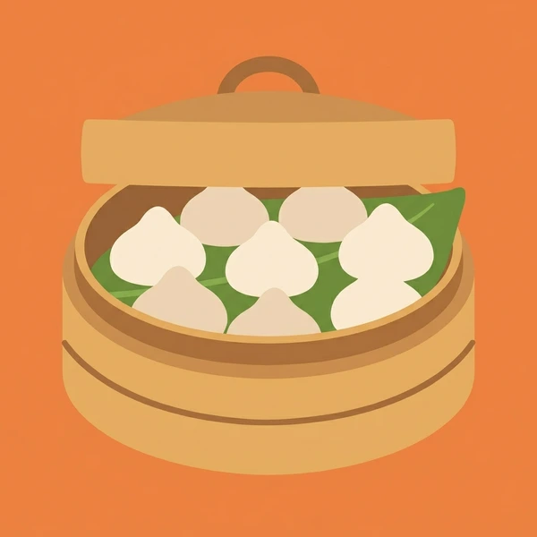 Dumplings In Bamboo Steamer displayed as a fresh food scene showing steamed dumplings, bamboo steamer layers, and dipping sauce container