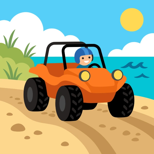 Orange, black, and red dune buggy near sand, blue water, and palm trees, cliffs, or a pier.