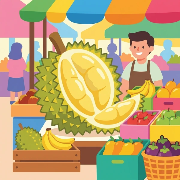 Durian At Fruit Market displayed as a fresh food scene showing durian fruit, spiky exterior, stall market setting, and tropical fruit market context