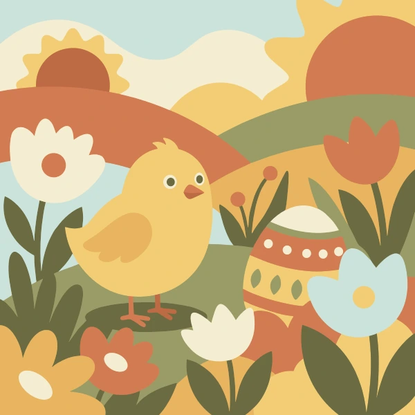 Easter Chick in a Meadow free printable jigsaw puzzle & coloring page