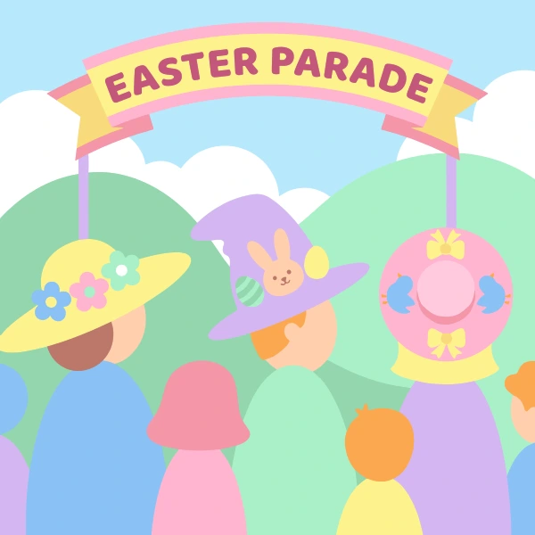 Easter Parade banner with people wearing decorated spring hats including flower hat bunny hat and pink hat on green hills
