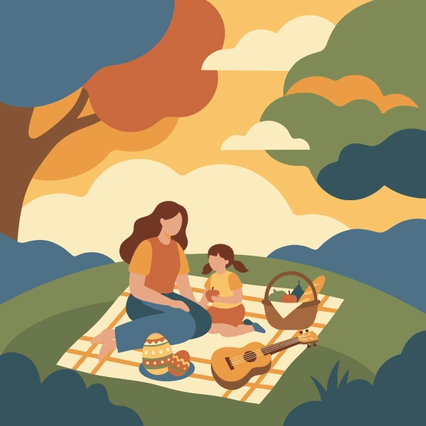 Mother and daughter sitting on checkered blanket under tree at sunset with Easter egg guitar and picnic basket
